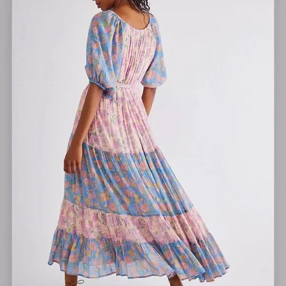 Free People Spell Rae Juniper Gown Puff Sleeve Printed Tiered Maxi Dress - Picture 3 of 9